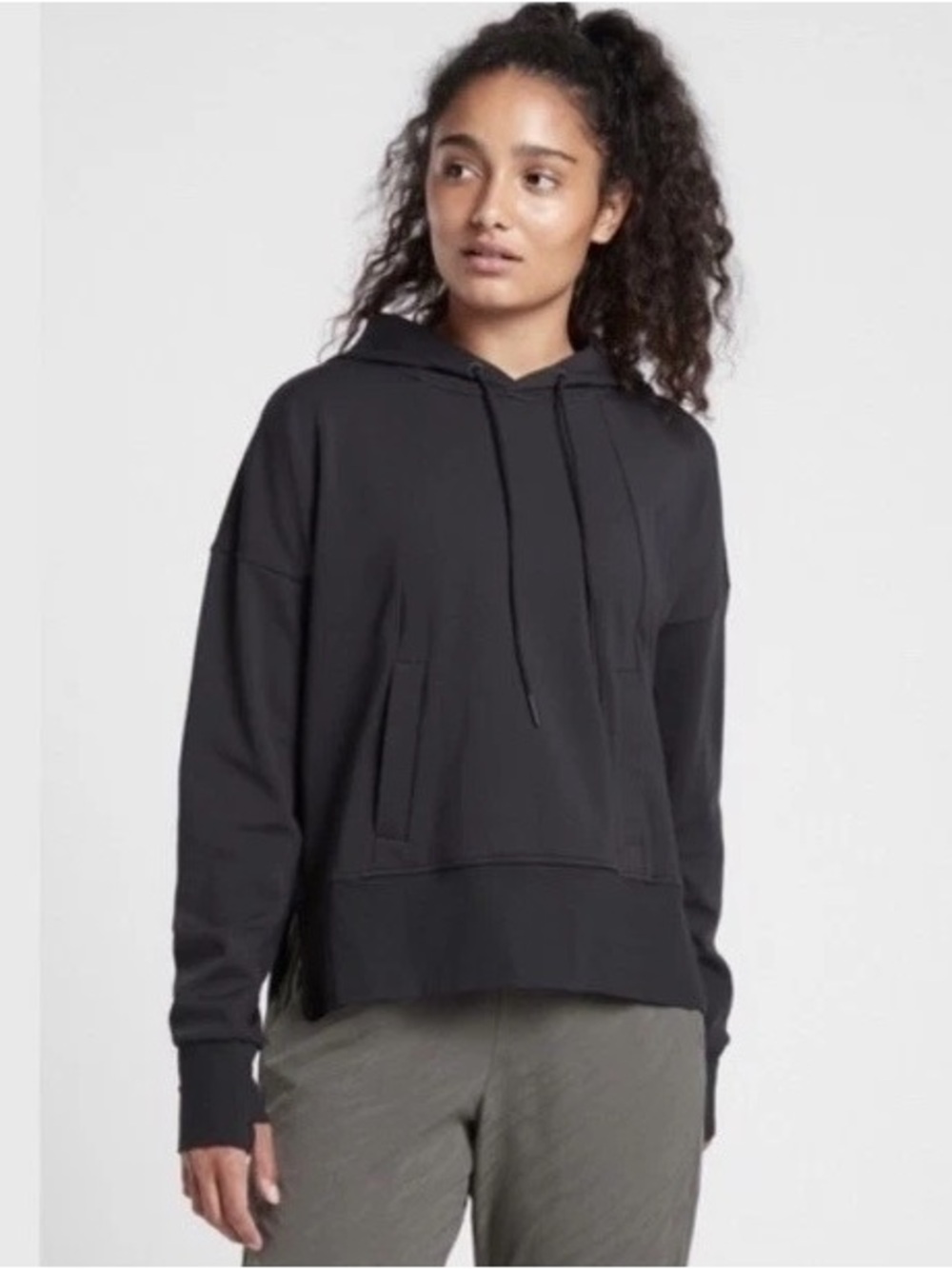 Athleta Mission M Hoodie Black Skulptek Travel Workout Sweatshirt Pullover Boxy